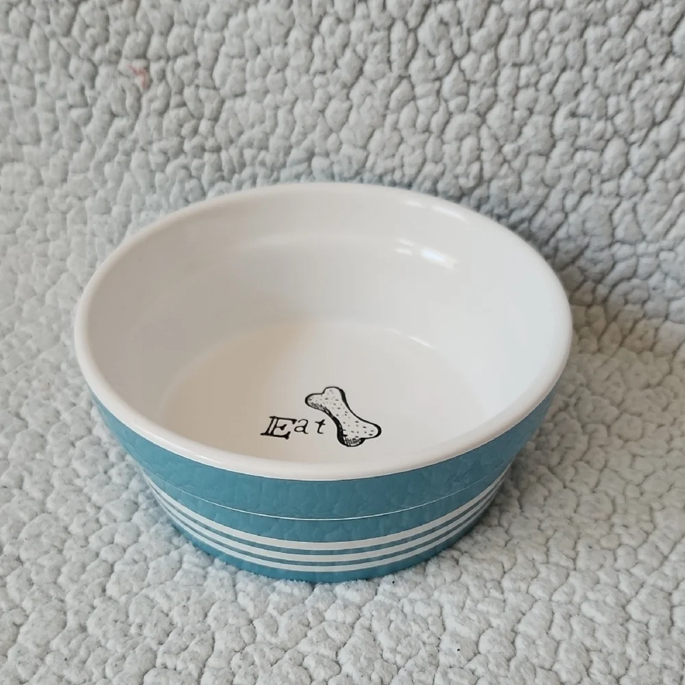 Winifred & Lily Dog Eat Food Bowl Retro Blue And White Striped Bowl With Bone